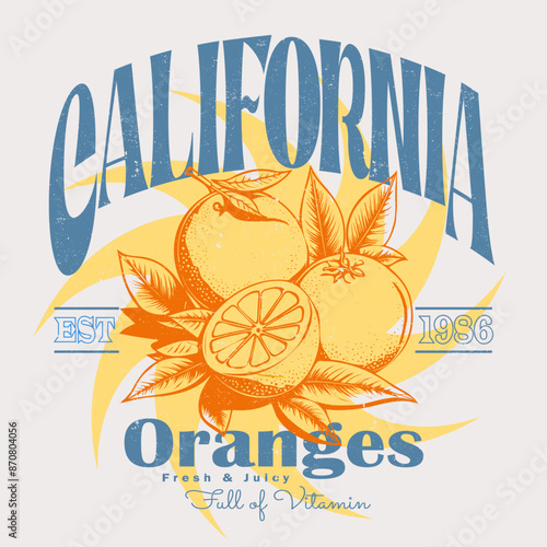 California Orange print design, summer fruit print for food fashion, fresh and juice, natural food print, Hand drawn vector fruit illustration. Engraved style. Vintage citrus illustration.