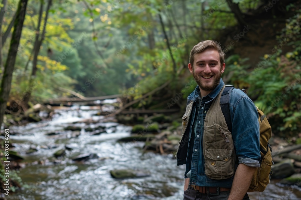 Portrait of a grinning man in his 20s wearing a rugged jean vest over tranquil forest stream Portrait of a grinning man in his 20s wearing a rugged jean vest over tranquil forest stream