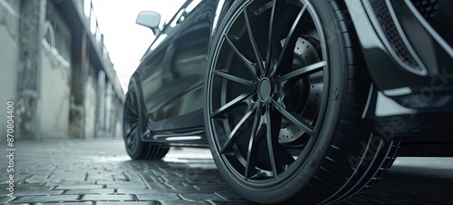 Rotating car wheel. Car tire made of black rubber. Car service concept, tire replacement