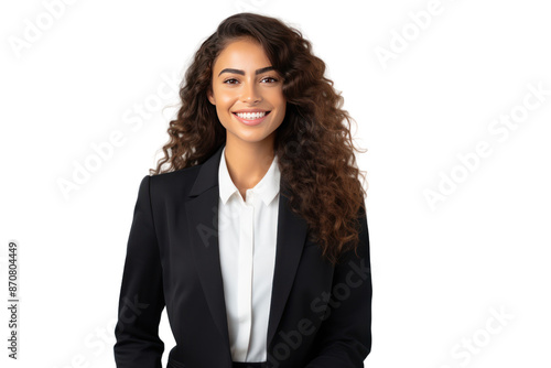 business woman wearing a suit Appear friendly, approachable, and ready to help. friendly smile on a white background