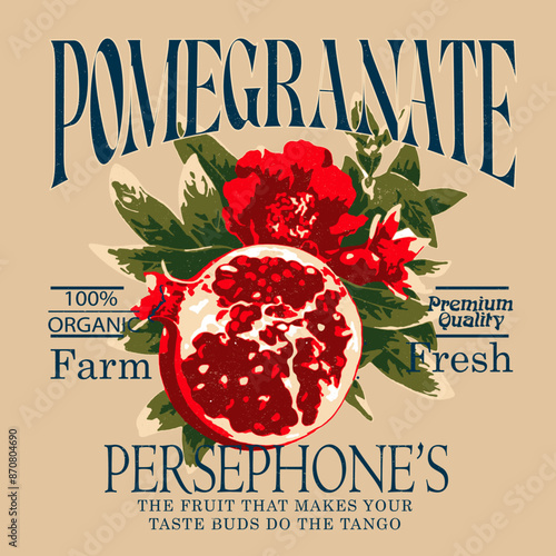 Illustrations of pomegranates Hand drawn designs and patterns. Vectorized gouache illustrations. food fashion for t-shirt, sweatshirt print design, women's graphic tee , vintage retro fruit design