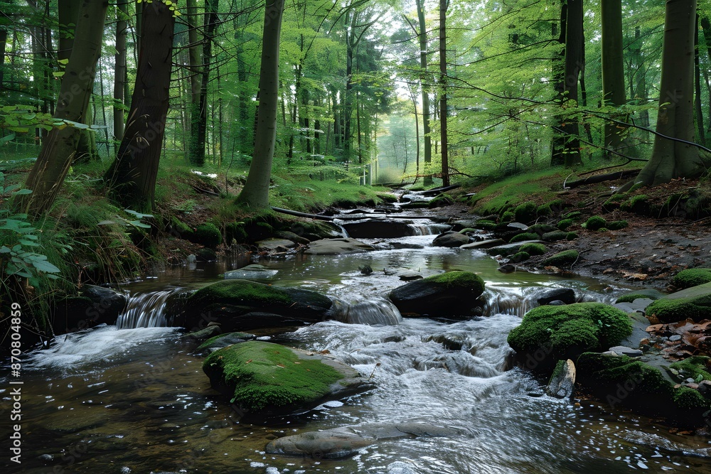 Obraz premium Small river flowing through a green forest