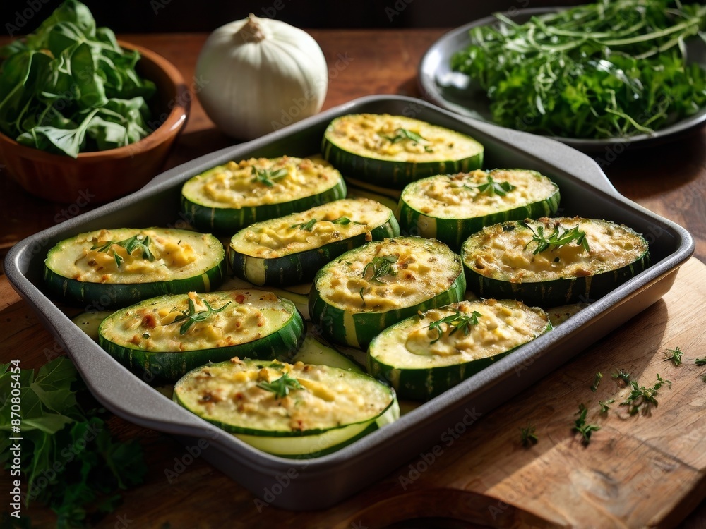 Stuffed baked zucchini rounds with cheese and herbs on a tray, surrounded by fresh greens and vegetables. Stuffed baked zucchini rounds with cheese and herbs on a tray, surrounded by fresh greens and vegetables.