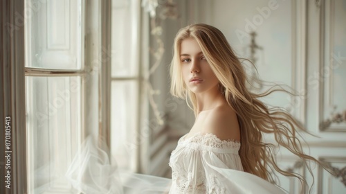 fine art dream beauty girl. Blonde young woman. long flowing hair. fashion model posing in vintage room, white window.