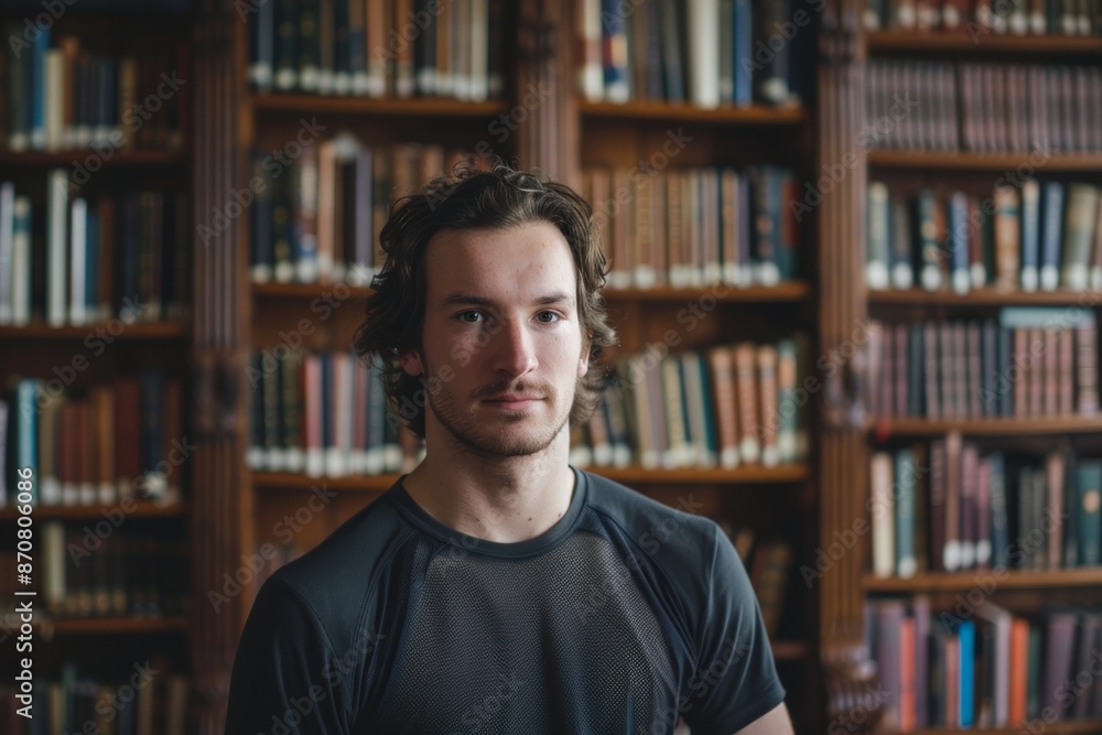 Portrait of a blissful man in his 30s sporting a breathable mesh jersey over classic library interior Portrait of a blissful man in his 30s sporting a breathable mesh jersey over classic library interior