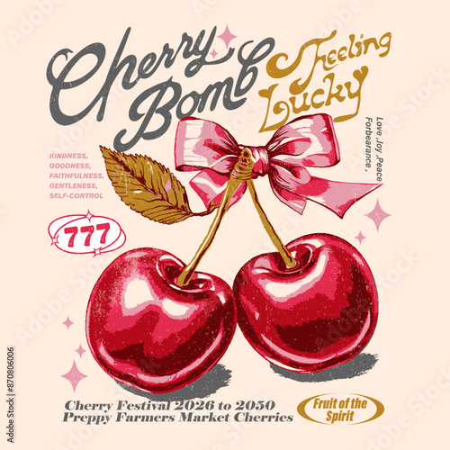 watercolor effects Cherry fruit , hand writing text slogan ..cherry Bomb and feeling lucky, vintage graphics print art, women's fashion design for fruit print trend , summer t-shirt design, sweatshirt