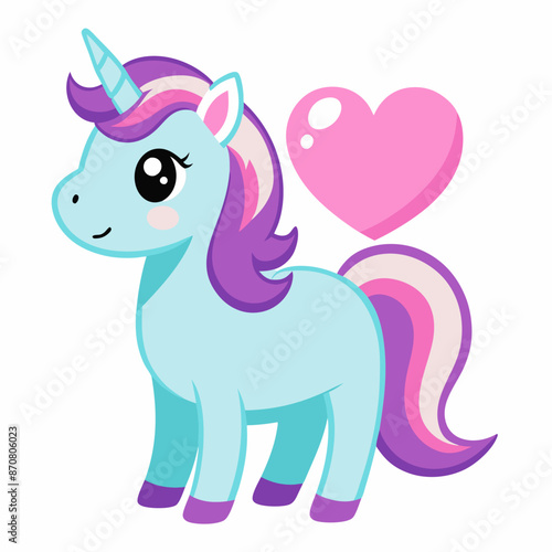 A cute unicorn with a purple mane and tail next to two pink hearts