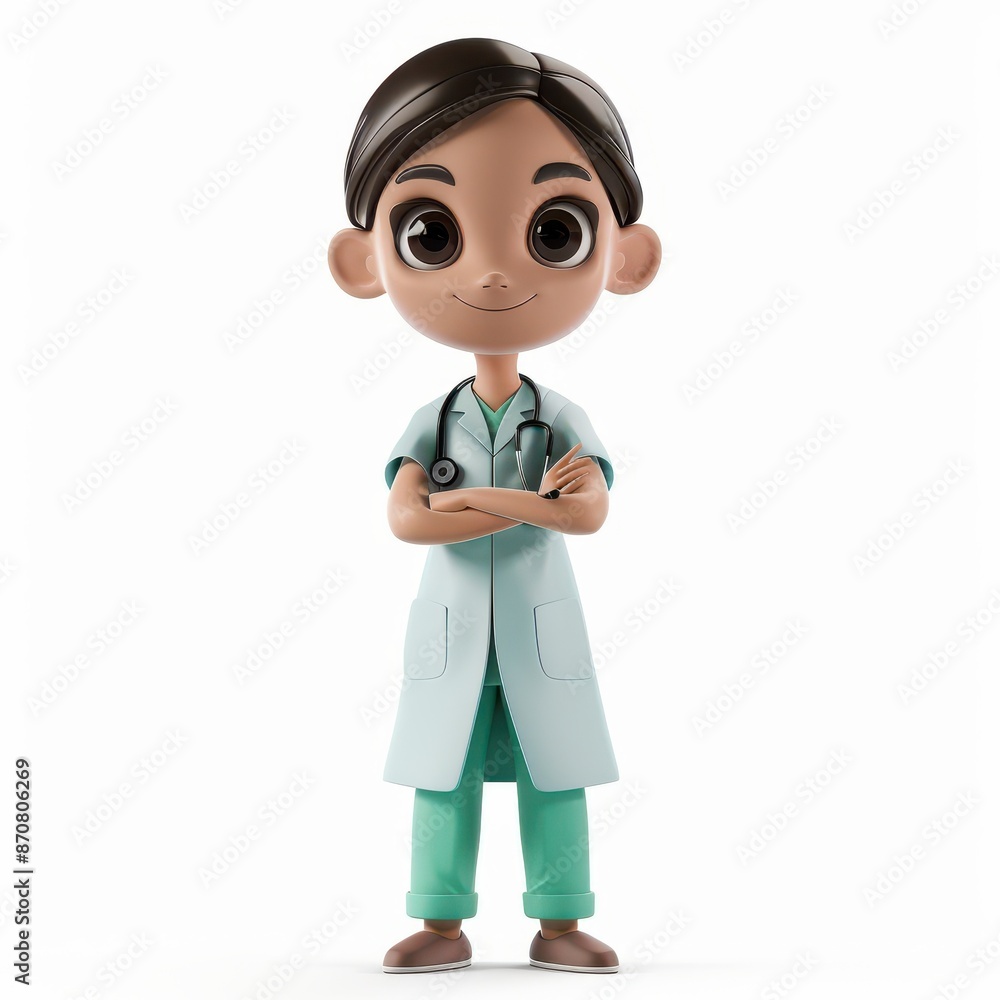 3D cartoon of professional smiling Medical assistant standing isolated on white background, looking directly at the camera with an attentive expression 3D cartoon of professional smiling Medical assistant standing isolated on white background, looking directly at the camera with an attentive expression