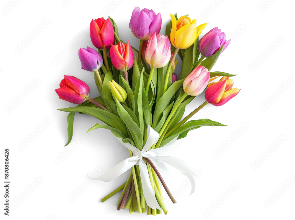 Naklejka premium Colorful Tulip Bouquet with White Ribbon