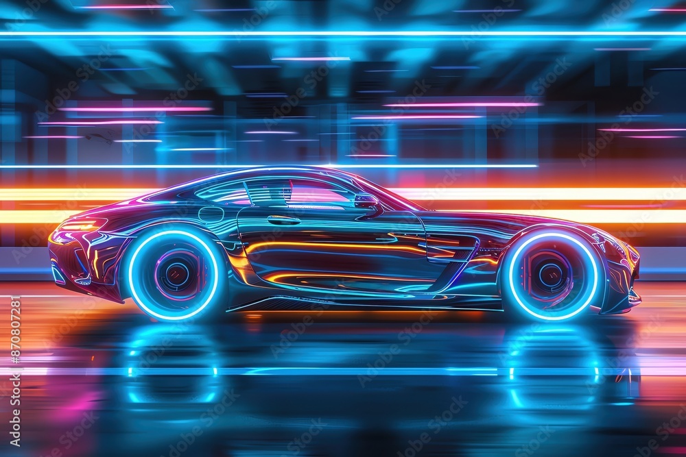 A futuristic sports car with glowing wheels speeds through a neon-lit city. A futuristic sports car with glowing wheels speeds through a neon-lit city.