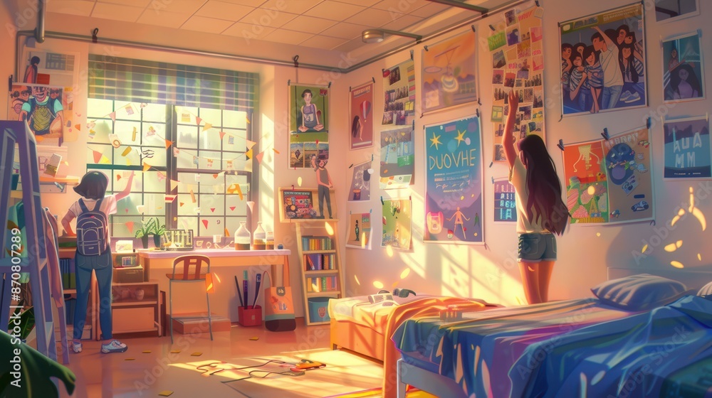 A digital illustration of students decorating their dorm room, students happily hanging posters and arranging their space, the dorm room filled with colorful decorations and person A digital illustration of students decorating their dorm room, students happily hanging posters and arranging their space, the dorm room filled with colorful decorations and person