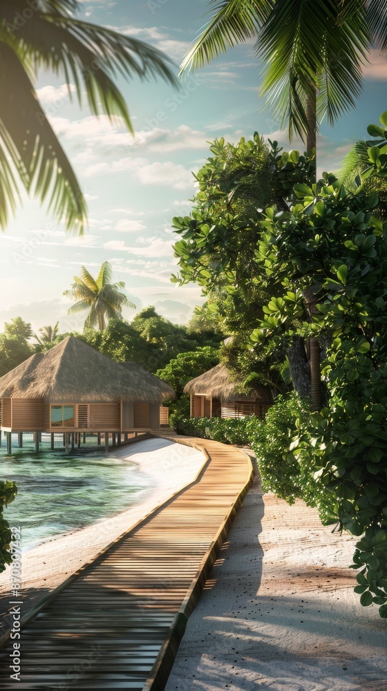Tropical beach resort with overwater bungalows and wooden pathway, lush greenery scenic view. Paradise island vacation concept Tropical beach resort with overwater bungalows and wooden pathway, lush greenery scenic view. Paradise island vacation concept