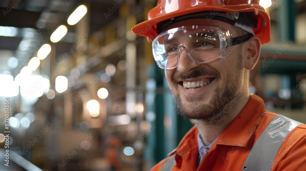 Happy industrial worker wearing safety gear and smiling in a manufacturing plant. The image captures a positive work environ Happy industrial worker wearing safety gear and smiling in a manufacturing plant. The image captures a positive work environ