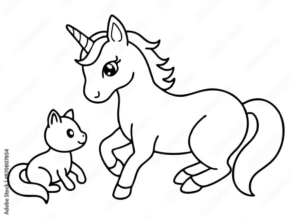 A black and white drawing featuring a unicorn and a cat in a playful scene A black and white drawing featuring a unicorn and a cat in a playful scene
