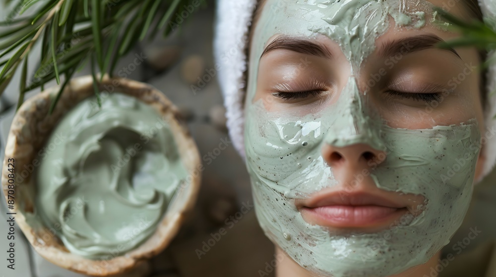 Woman with eyes closed, relaxing with a green clay face mask on her face. Spa treatment, skincare routine concept. Woman with eyes closed, relaxing with a green clay face mask on her face. Spa treatment, skincare routine concept.
