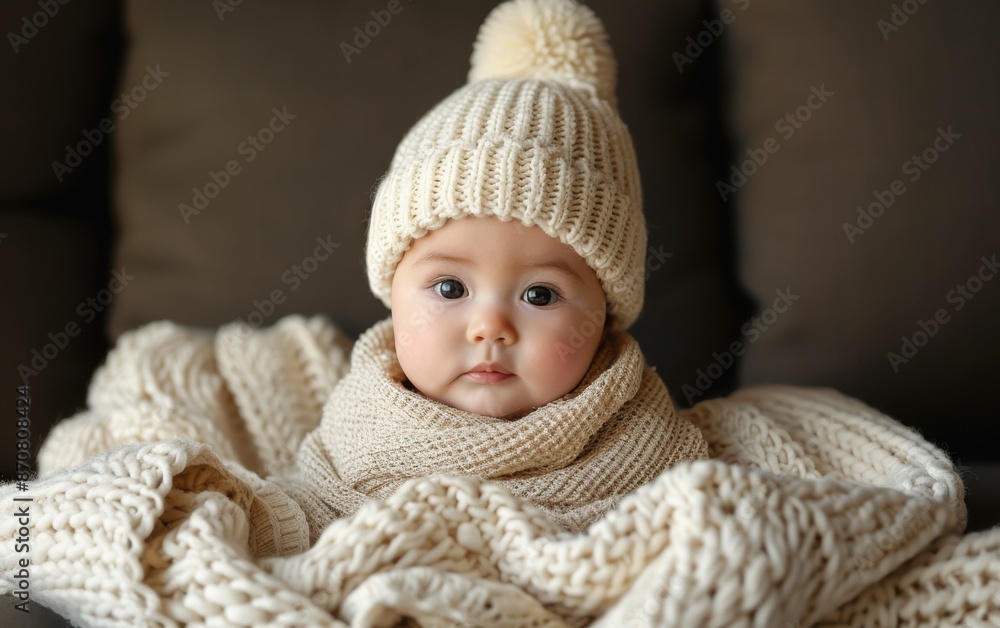 A baby wearing a white hat and a white blanket. The baby is looking at the camera. Scene is warm and cozy A baby wearing a white hat and a white blanket. The baby is looking at the camera. Scene is warm and cozy