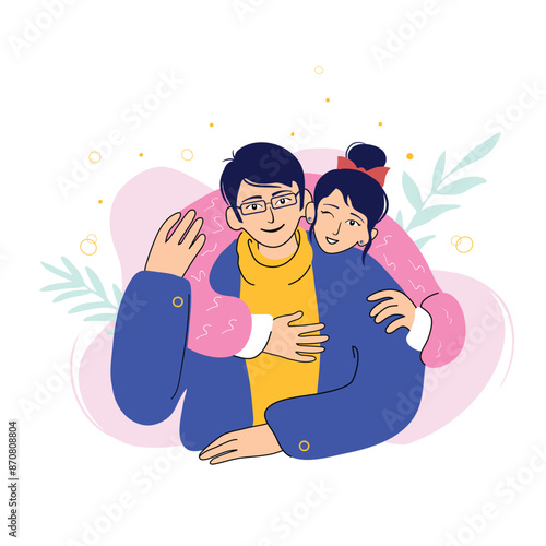 Happy Asian family, girl hugs guy from behind
