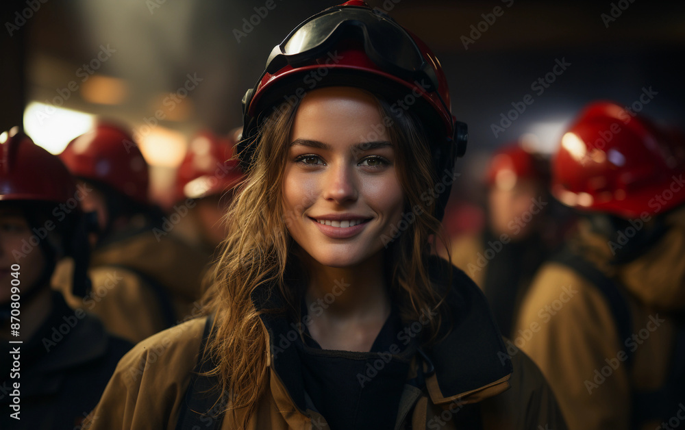 A woman wearing a fireman's helmet and smiling. She is surrounded by other people in similar helmets A woman wearing a fireman's helmet and smiling. She is surrounded by other people in similar helmets