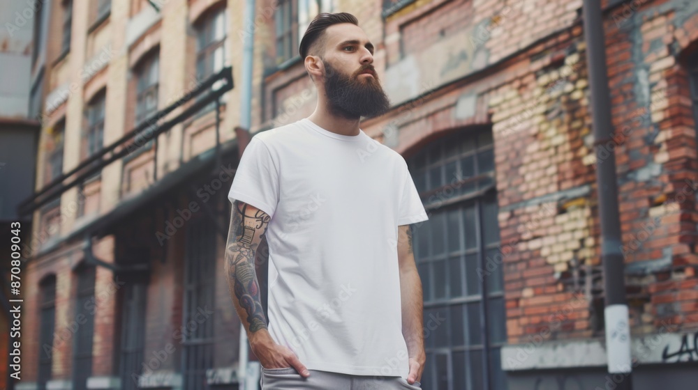 Hipster handsome male model with beard wearing white blank t-shirt with space for your logo or design in casual urban style Hipster handsome male model with beard wearing white blank t-shirt with space for your logo or design in casual urban style