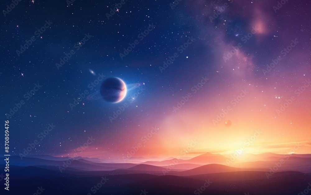 Stunning space landscape with a distant planet, vibrant colors, and a captivating sunset reflecting against a serene, mountainous horizon. Stunning space landscape with a distant planet, vibrant colors, and a captivating sunset reflecting against a serene, mountainous horizon.