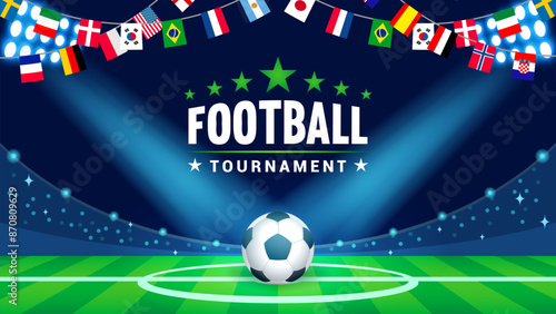 Football tournament background vector illustration. Soccer stadium with flags garland of different countries