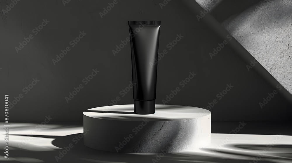 Simple aestaestheti cosmetic baclground with black tube on the podium with shadow Simple aestaestheti cosmetic baclground with black tube on the podium with shadow