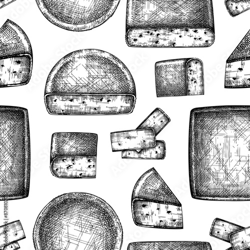 Cheese fondue background. Melted cheese. Hand-drawn food illustrations. Dairy products seamless pattern. Menu design. NOT AI generated