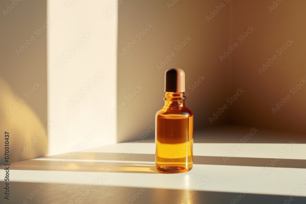 Yellow glass dropper bottle on beige surface Yellow glass dropper bottle on beige surface