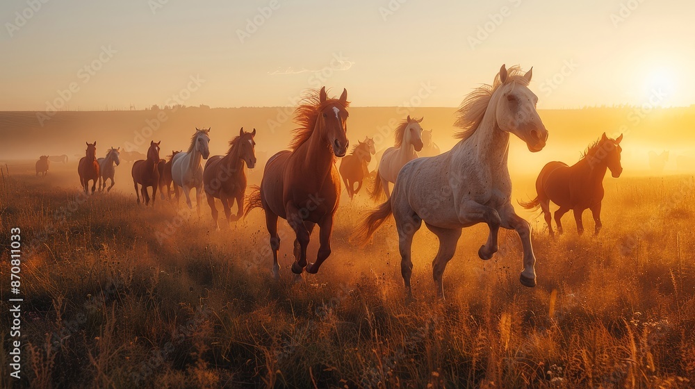 A group of horses running freely through an open field, with dust rising and a clear sky A group of horses running freely through an open field, with dust rising and a clear sky