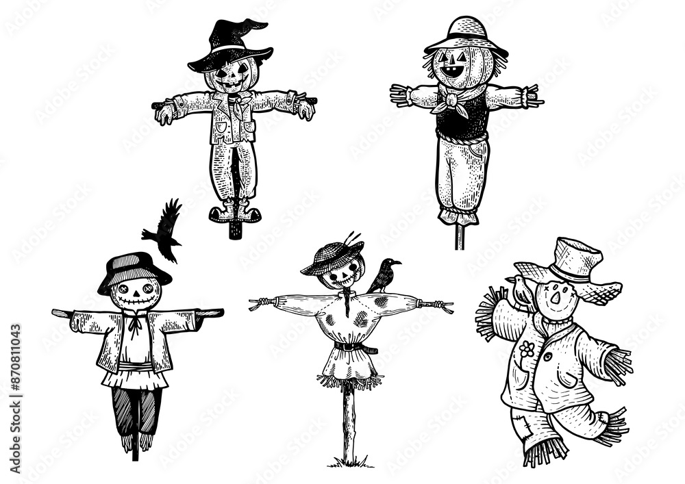 Fototapeta premium Scarecrow set line art sketch engraving PNG illustration. T-shirt apparel print design. Scratch board imitation. Black and white hand drawn image.