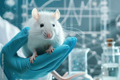 A close-up of a fluffy white lab rat perched on a researcher's gloved hand, with a backdrop of laboratory glassware and technical diagrams, symbolizing the human-animal bond in scientific exploration.