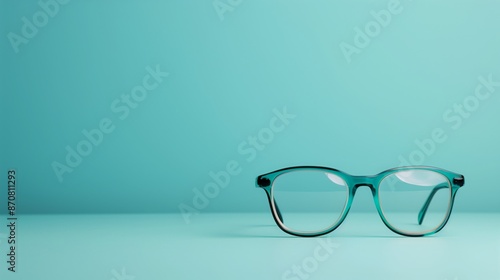 A pair of green eyeglasses sits on a teal surface © Pavel Kachanau