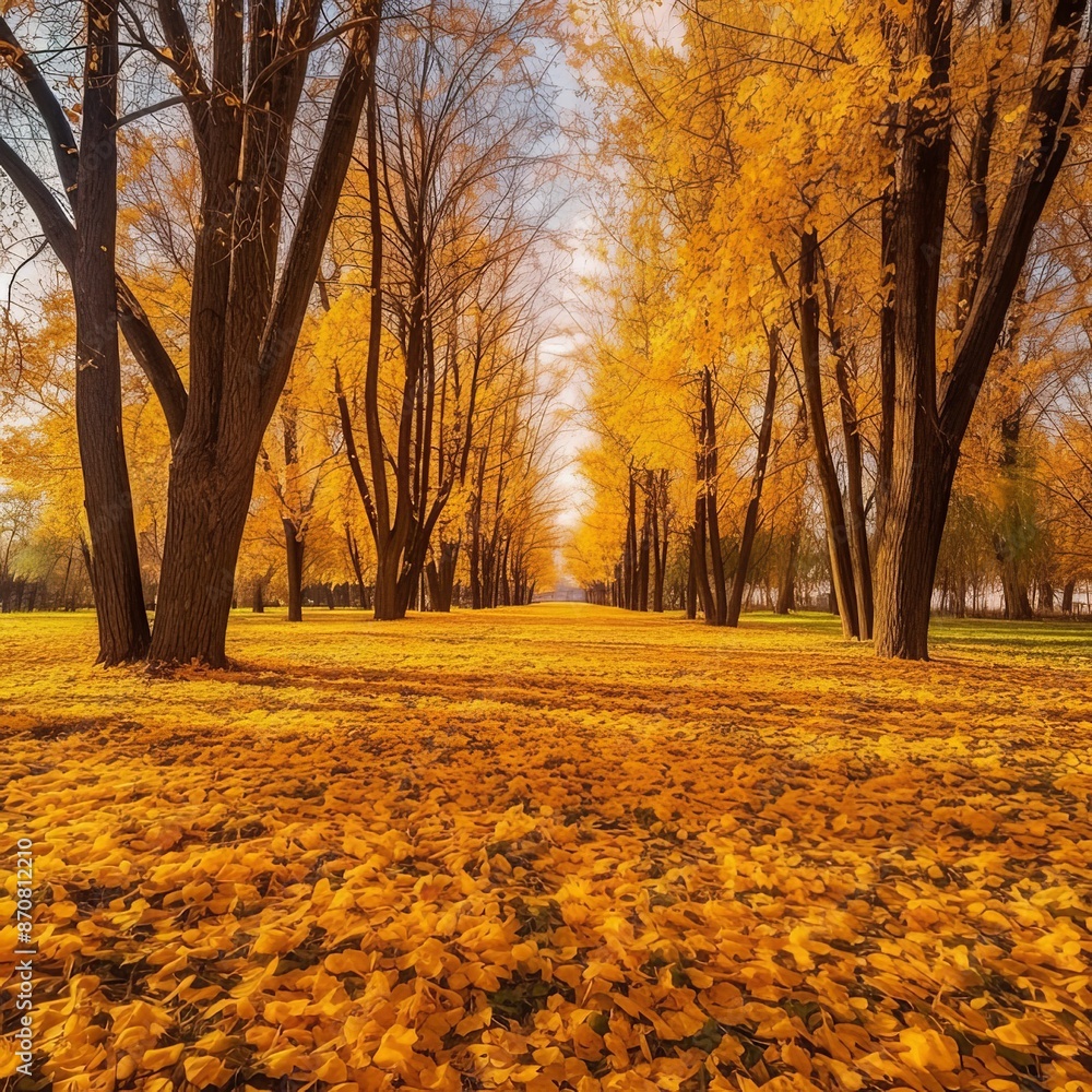 Fototapeta premium Beautiful bright colorful autumn landscape with a carpet of yellow leaves. Natural park with autumn trees on a bright sunny day. , generated by AI. High quality photo