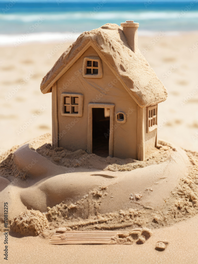 Naklejka premium Sand house sculpture on the summer beach.