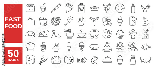 Set of 50 line icons related to fast food, restaurant business, burger, french fries, hot dog, kabab, pizza, ice cream, donut, Editable stroke. Vector illustration