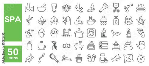 Set of 50 line icons related to spa, wellness, beauty, massage, skin care, Editable stroke. Vector illustration
