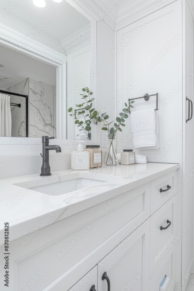 White bathroom with sink and mirror. White bathroom, minimalist. White bathroom with sink and mirror. White bathroom, minimalist.