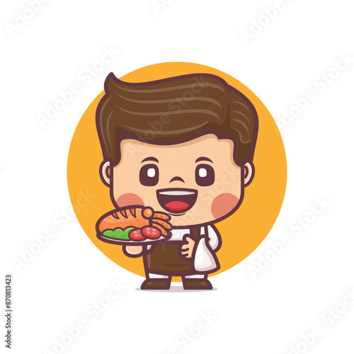 Cute waiter cartoon mascot character with seafood