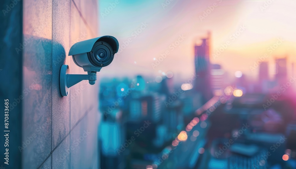 Security camera mounted on a building overlooking a cityscape. Security camera mounted on a building overlooking a cityscape.