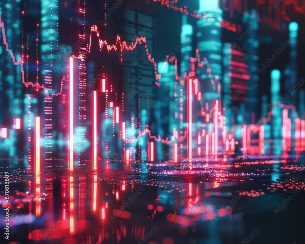 A holographic display showing a startups financial crash, Tech, Neon, 3D Rendering A holographic display showing a startups financial crash, Tech, Neon, 3D Rendering