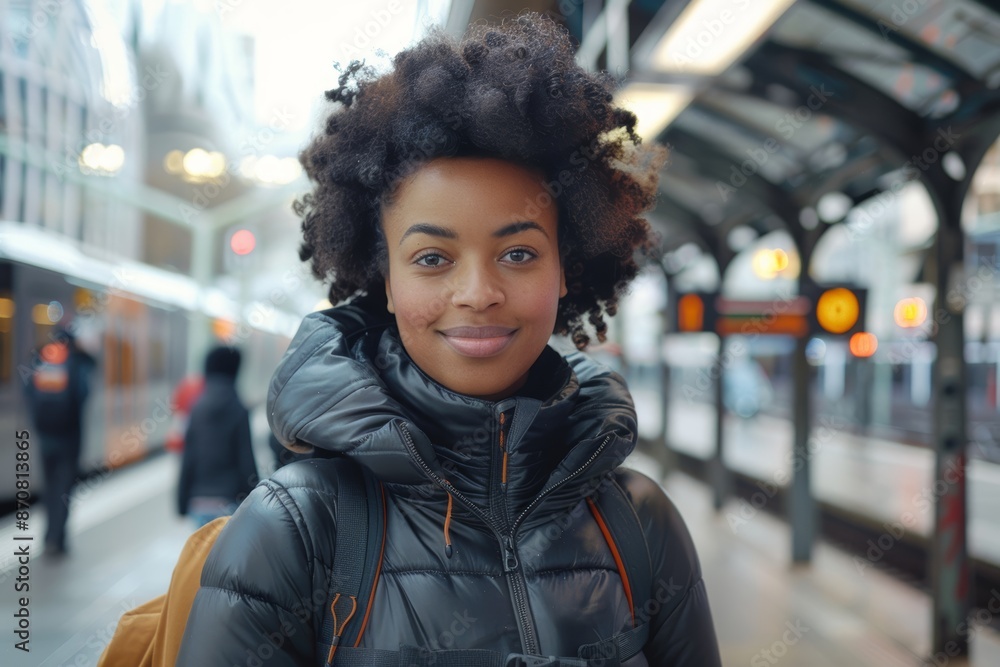 Portrait of a merry afro-american woman in her 30s dressed in a water-resistant gilet in modern city train station Portrait of a merry afro-american woman in her 30s dressed in a water-resistant gilet in modern city train station