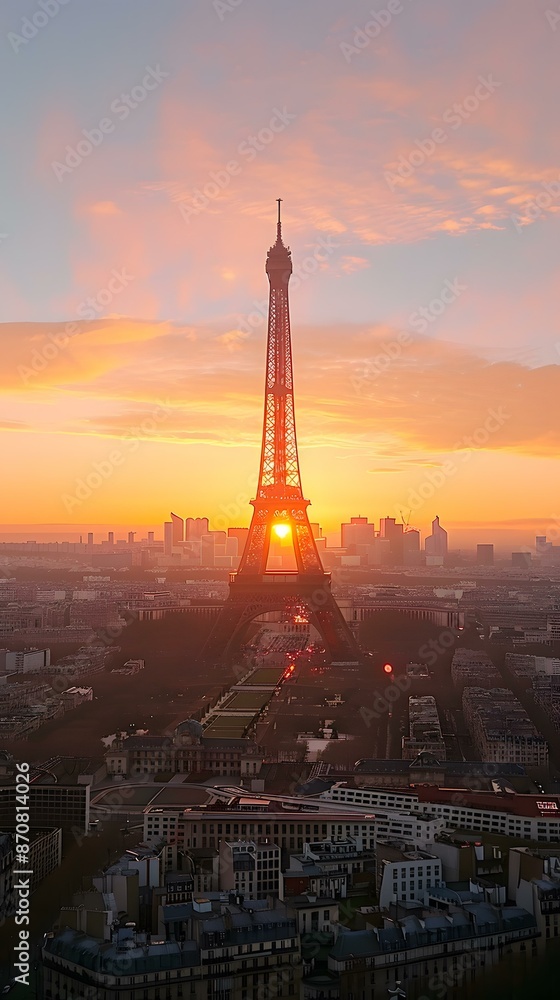 Obraz premium Eiffel Tower at sunset with sun behind it