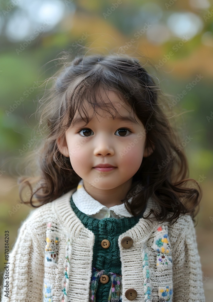 A cute little Asian girl with curly hair is looking at the camera A cute little Asian girl with curly hair is looking at the camera