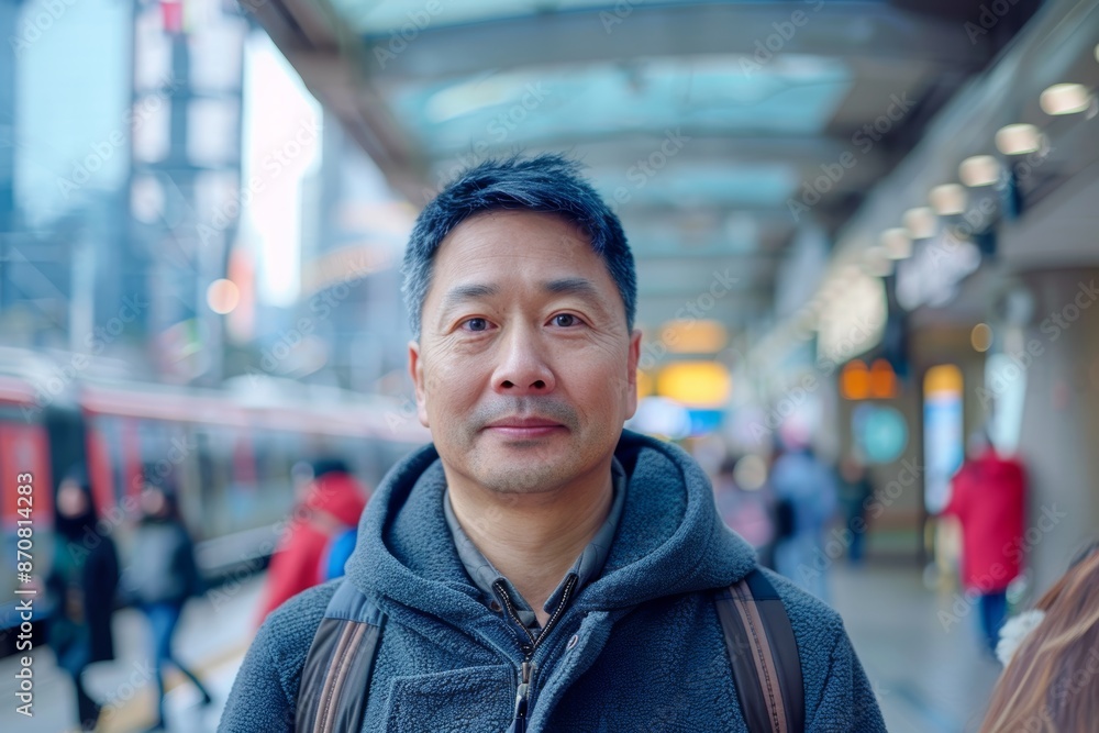Fototapeta premium Portrait of a content asian man in his 30s dressed in a comfy fleece pullover on modern city train station