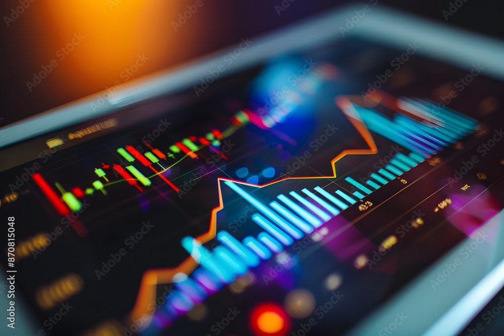 Close-up of a digital tablet displaying stock market graphs., clean background, Photo stock style, clean background, no copyrighted logo, no letters Close-up of a digital tablet displaying stock market graphs., clean background, Photo stock style, clean background, no copyrighted logo, no letters