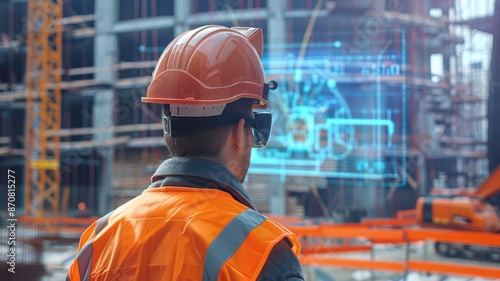 Augmented reality blueprints on a construction site, Tech, Bright, Digital Art