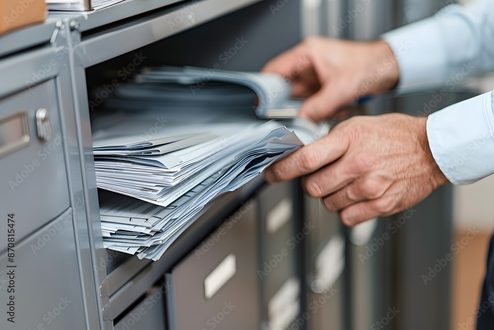 Office manager organizing paperwork in a file cabinet., clean ...