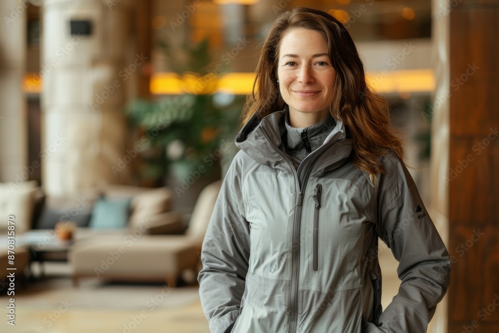 Portrait of a satisfied caucasian woman in her 30s wearing a windproof softshell isolated in luxurious hotel lobby Portrait of a satisfied caucasian woman in her 30s wearing a windproof softshell isolated in luxurious hotel lobby