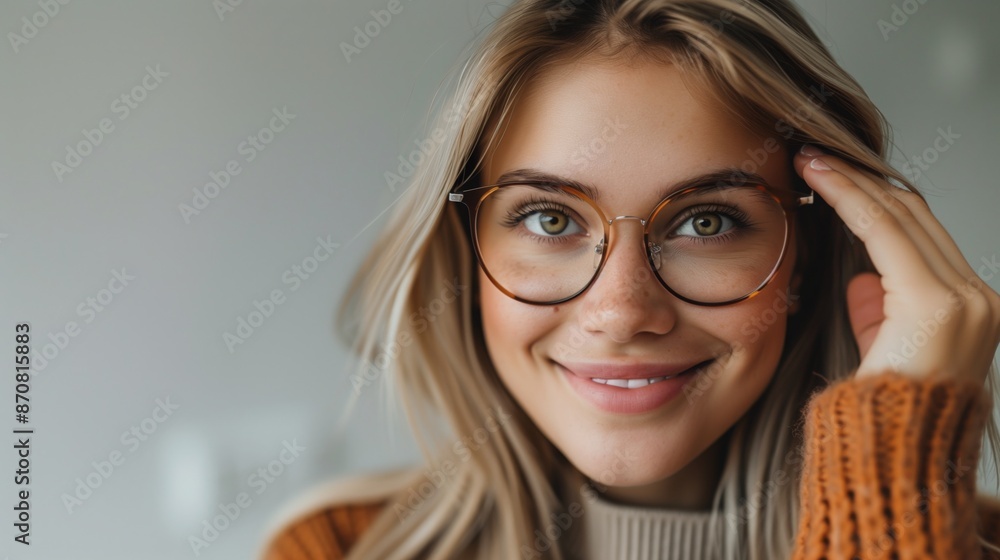 A young woman adjusts her glasses and smiles A young woman adjusts her glasses and smiles