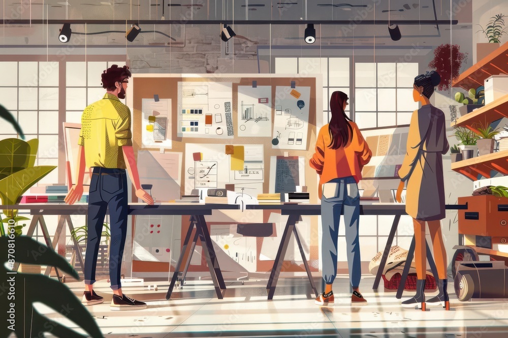 Brainstorming sustainable fashion designs in a hightech studio, EcoTech, Warm Colors, Illustration Brainstorming sustainable fashion designs in a hightech studio, EcoTech, Warm Colors, Illustration